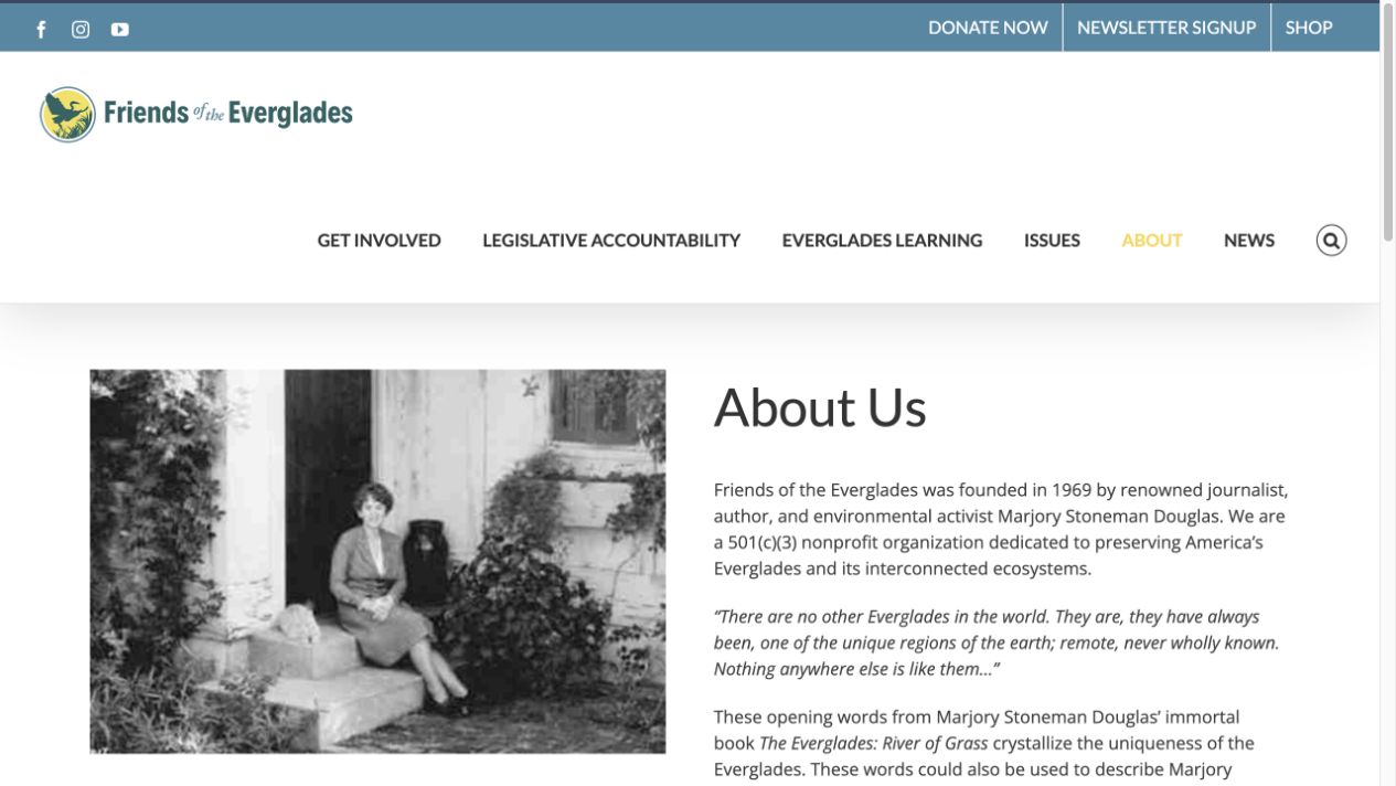 Friends of the Everglades website showing its About Us page